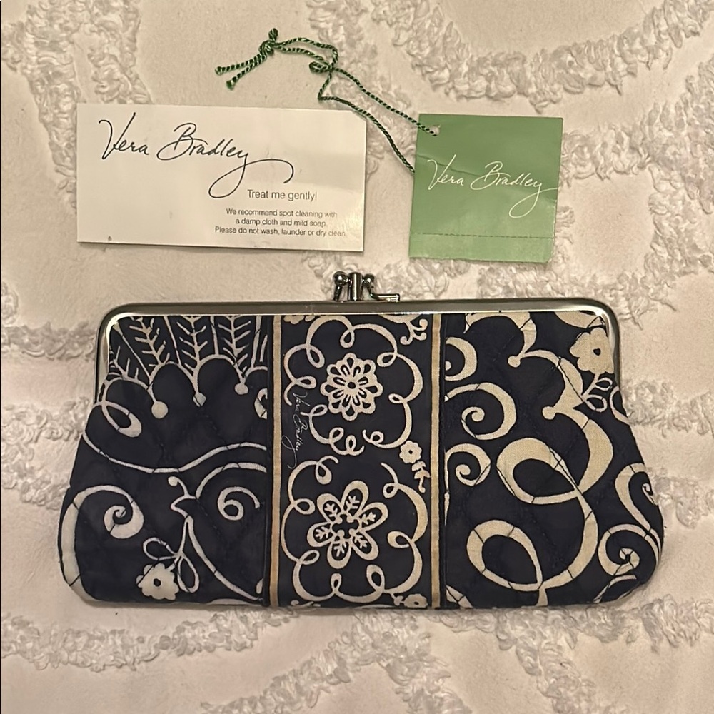 Vera Bradley Twirly Birds Navy and Cream Floral Clutch